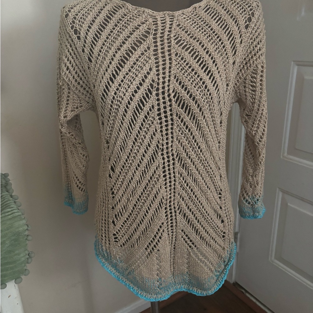 Coldwater Creek Sweater. Light Tan with aqua blue accents. PRICE FIRM!